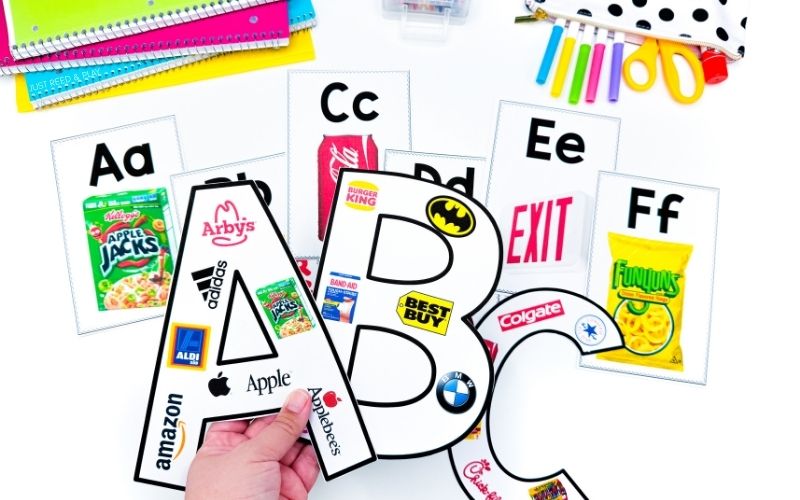 giant alphabet letters with environmental print logos on them